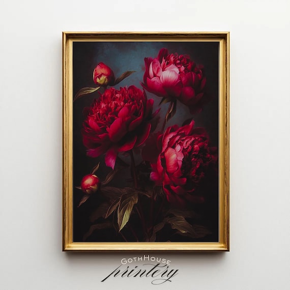 Moody Floral Print Peony Oil Painting Dark Academia Wall Art Gothic Botanical Artwork Whimsigoth Decor Victorian