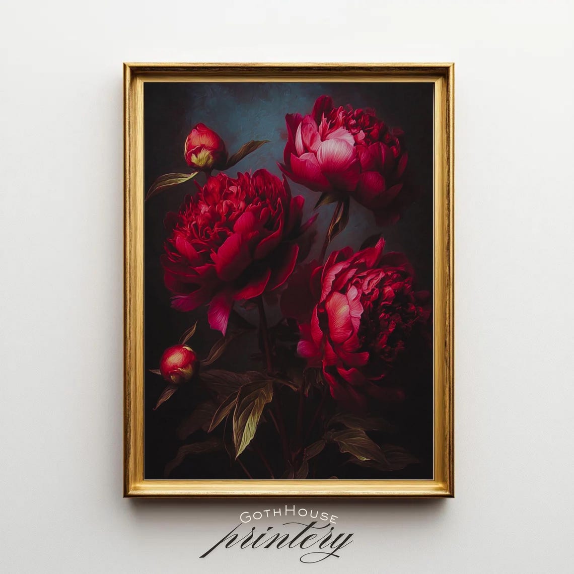Deep Red Peonies Dark Academia Moody Floral Oil Painting Poster