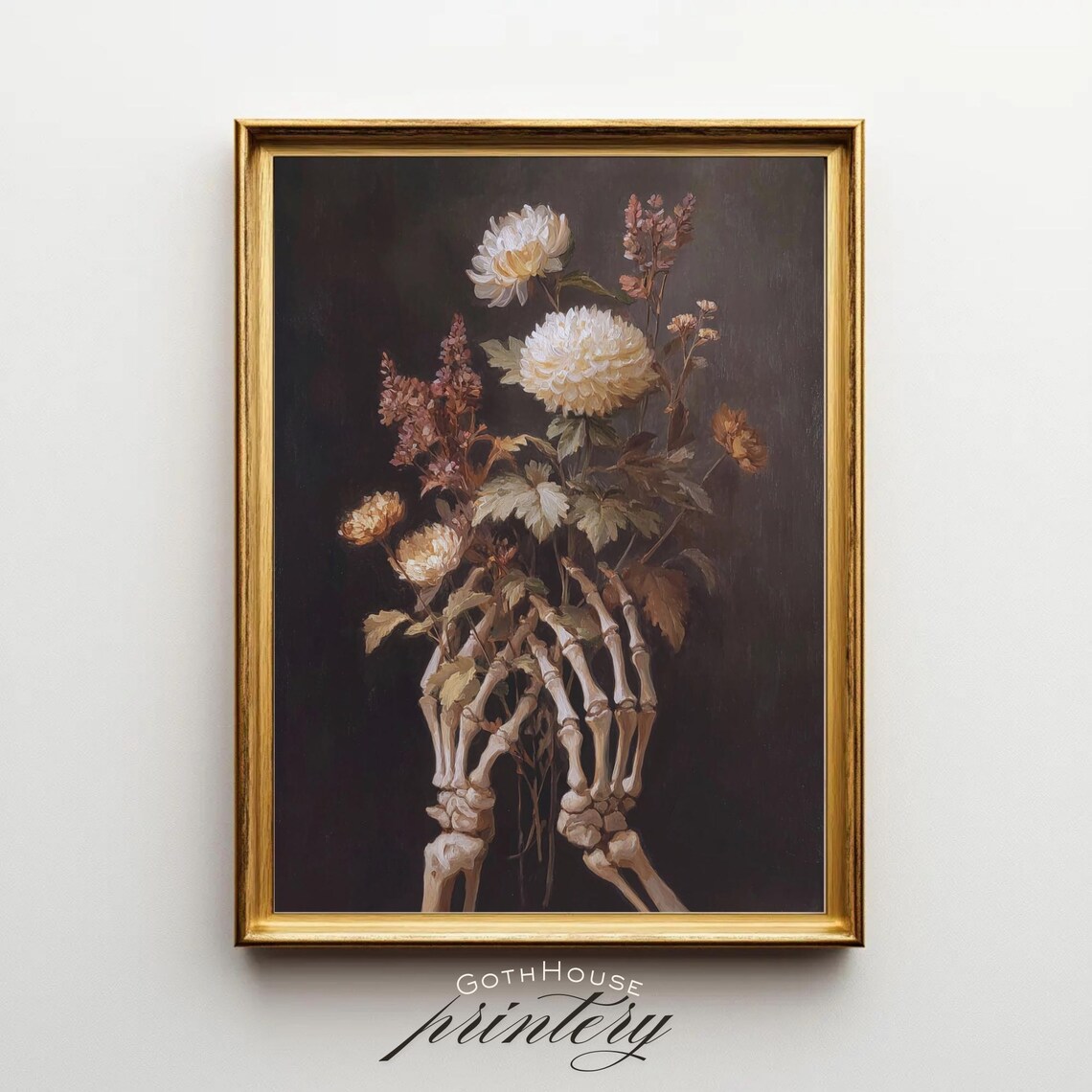 Gothic Floral Skeleton Art Print, Witchy Autumn Decor