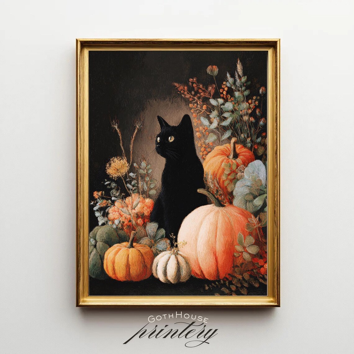 Black Cat In Pumpkins Gothic Halloween Art Print