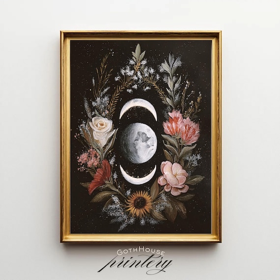 Floral Moon Wall Art Botanical Lunar Phase Print Boho Witchy Decor Celestial Wicca Mystical Dark Academia