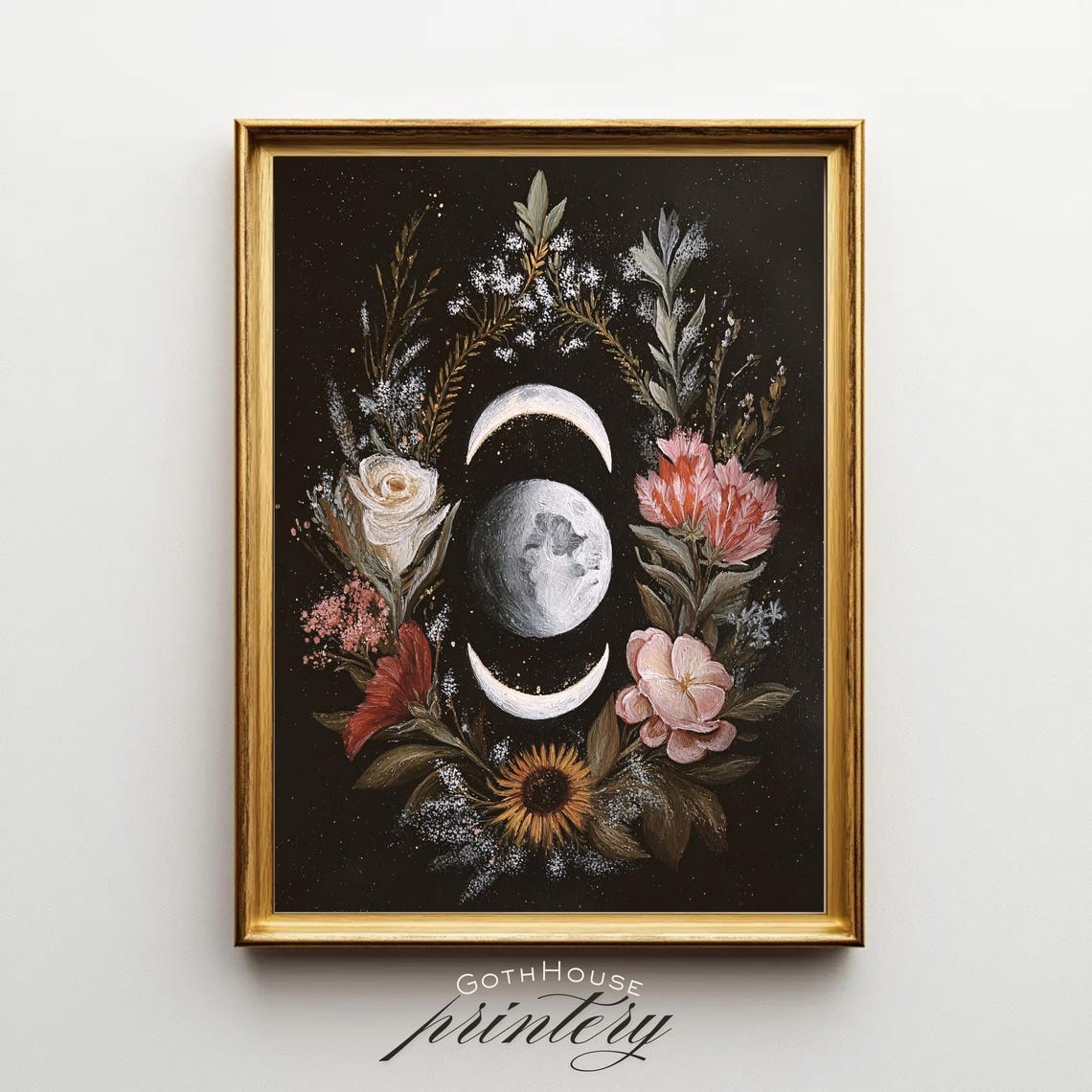 Triple Moon Goddess Floral Botanical Dark Witchy Lunar Wall Art