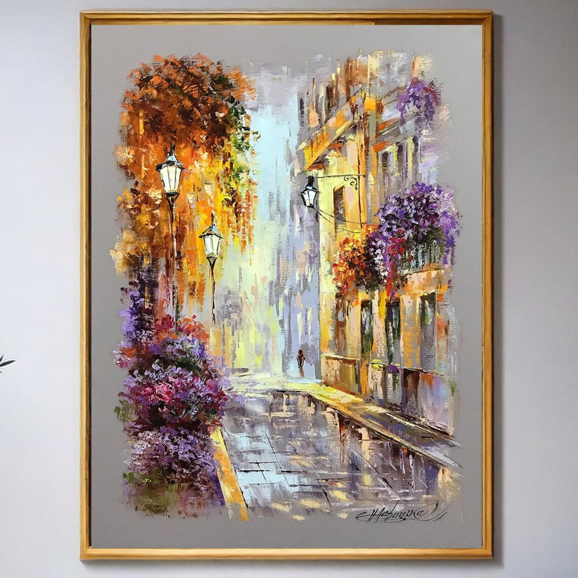 Italian Village Rainy Street Lamp Flower Balcony Oil Painting Poster - Image 3