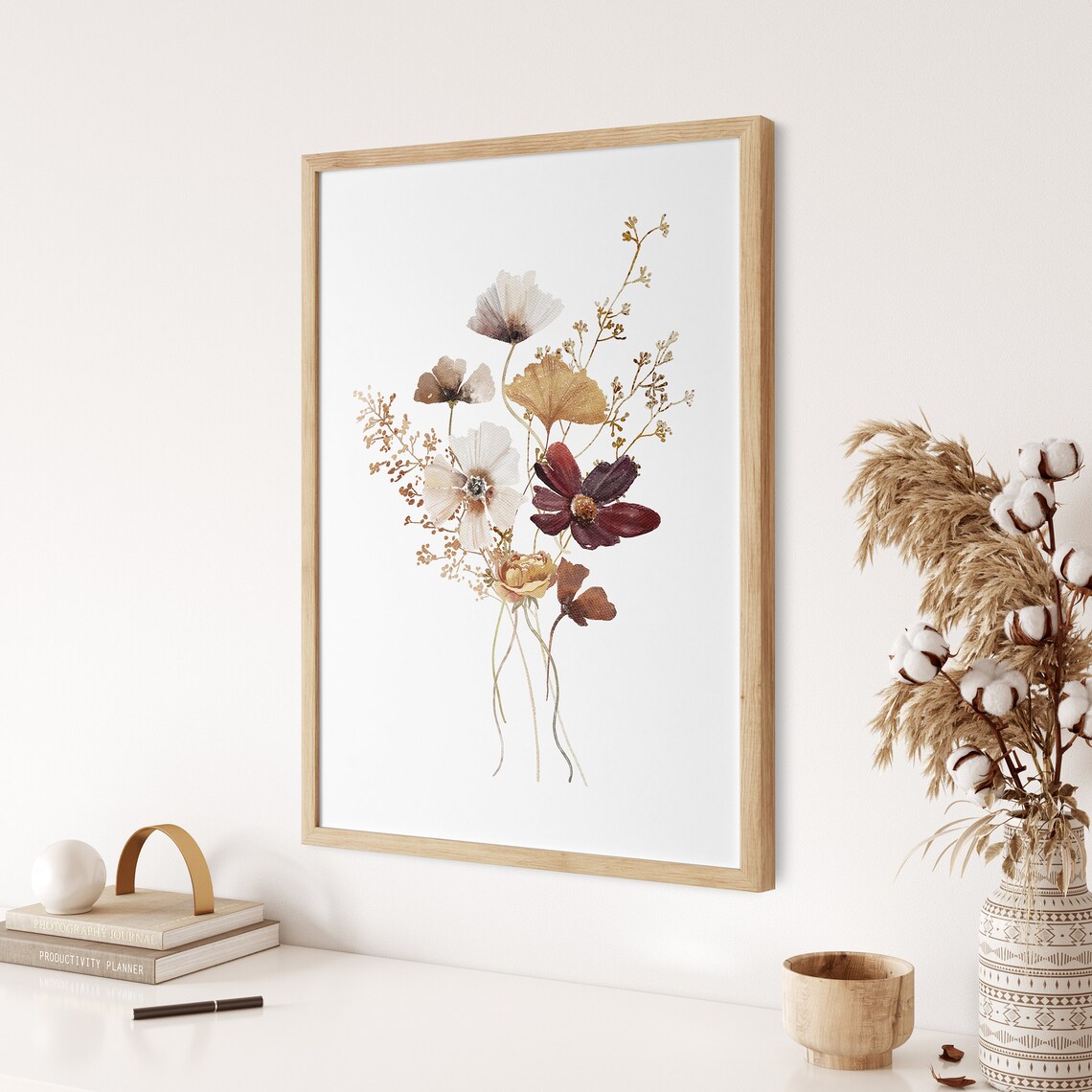 Neutral Wildflowers Bouquet Watercolor Burgundy Fall Farmhouse Poster - Image 3