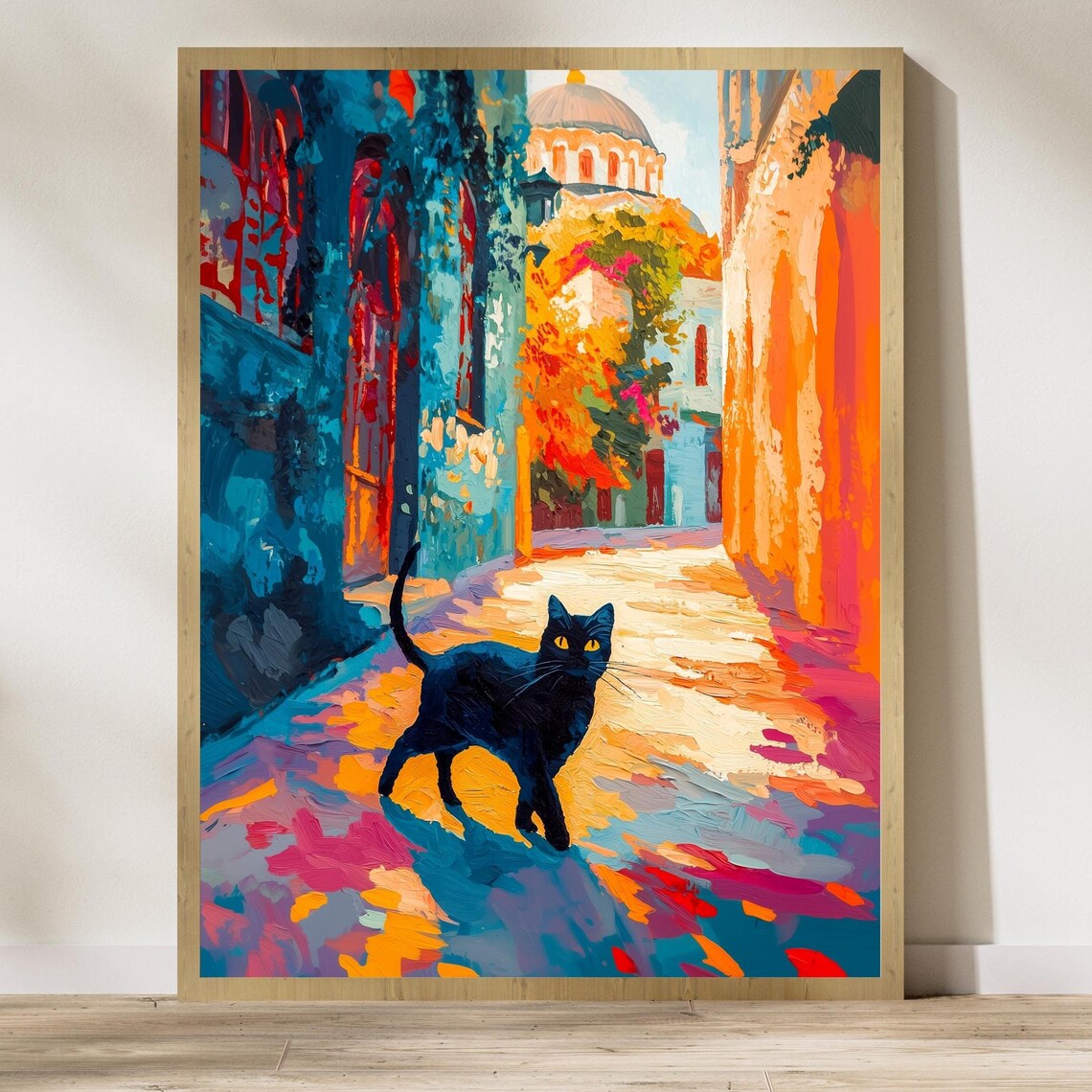 Black Cat Istanbul Street Poster Colorful Domed Mosque Travel Art