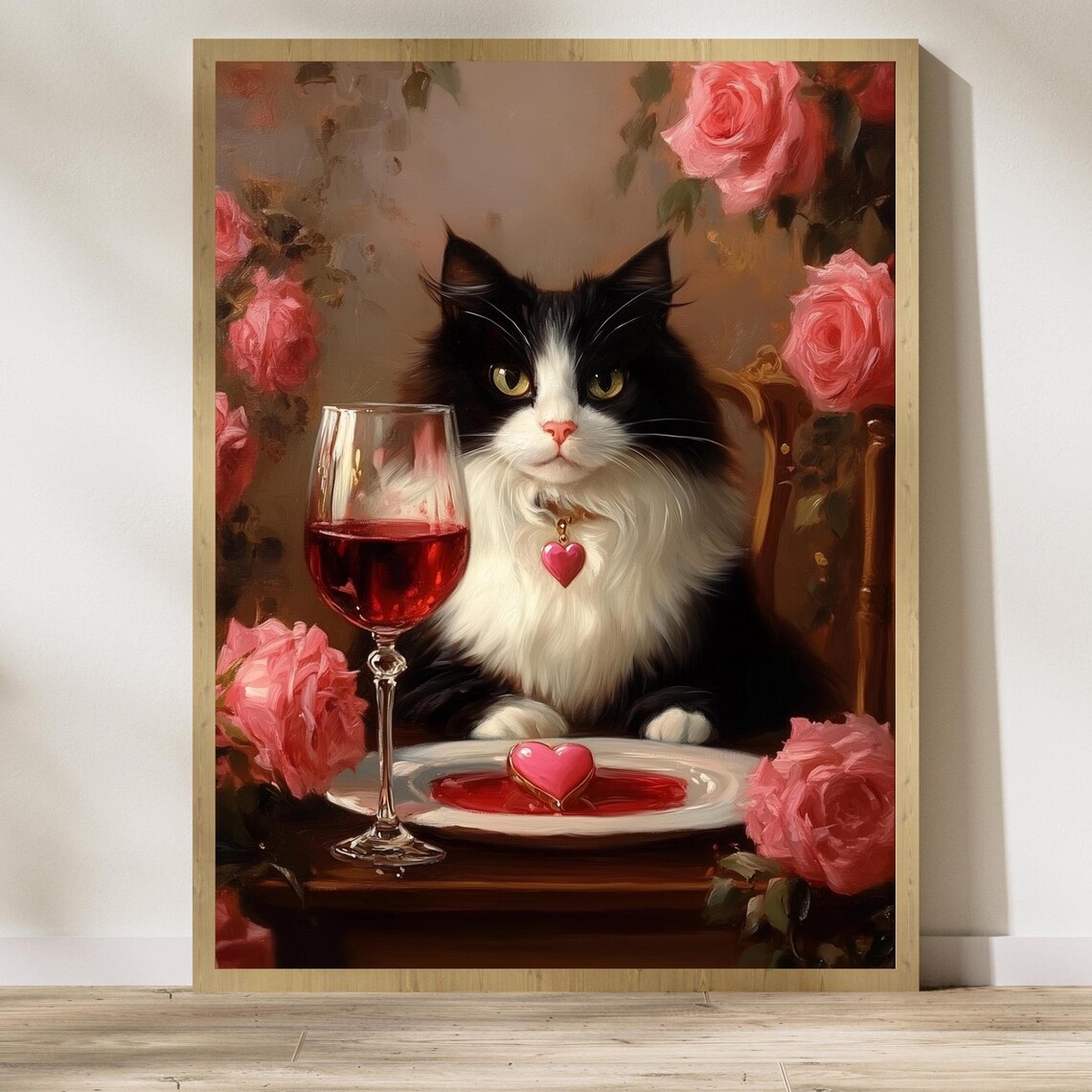 Tuxedo Cat Romantic Wine Dinner Roses Valentine Oil Painting Poster