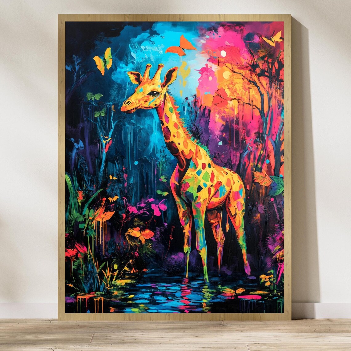Neon Giraffe Jungle Poster Psychedelic Colorful Abstract Animal Art
