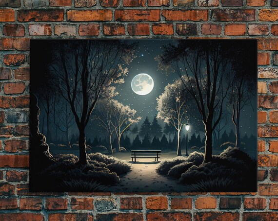 Snow Covered Park At Midnight, Full Moon Watercolor Art Print