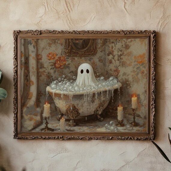Whimsical Ghost Candlelight Bubble Bath Vintage Halloween Poster