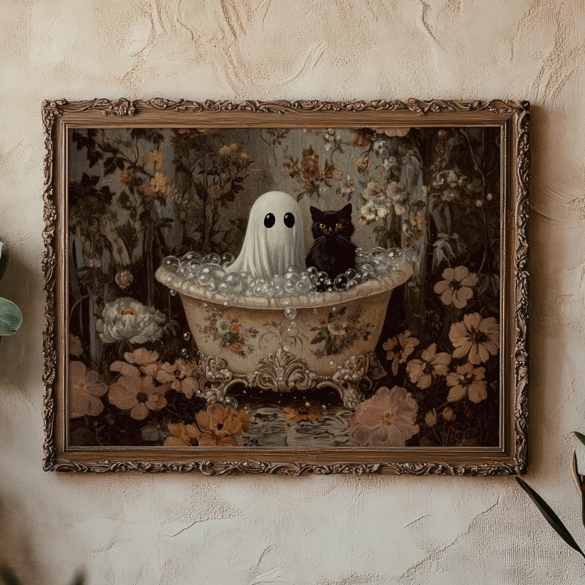 Spooky Ghost and Black Cat Bubble Bath Cute Whimsical Halloween Poster