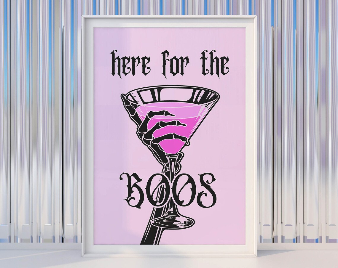 Here For The Boos Pink Martini With Skeleton Hand Halloween Sign Poster