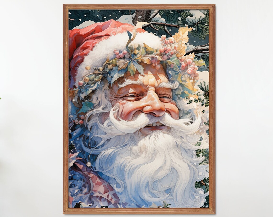 Watercolor Santa Claus Floral Crown Snowy Pines Artistic Christmas Wall Art - Image 3