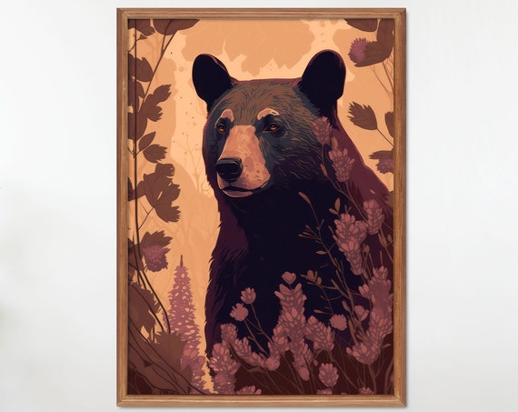 Black Bear Floral Poster Cabin Interior Decor Mountain Home Decor Modern Chic Wall Art