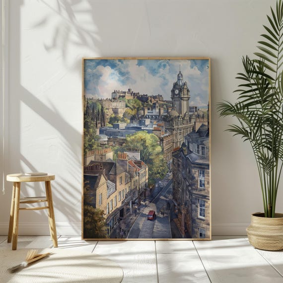 Watercolor Edinburgh City Travel Poster, Scotland