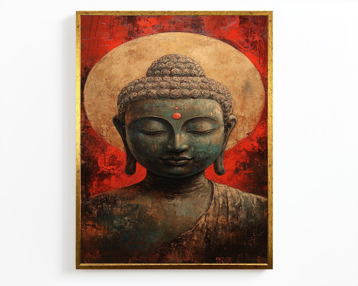 Buddha Head Golden Halo Red Background Bronze Texture Zen Wall Poster - Image 2