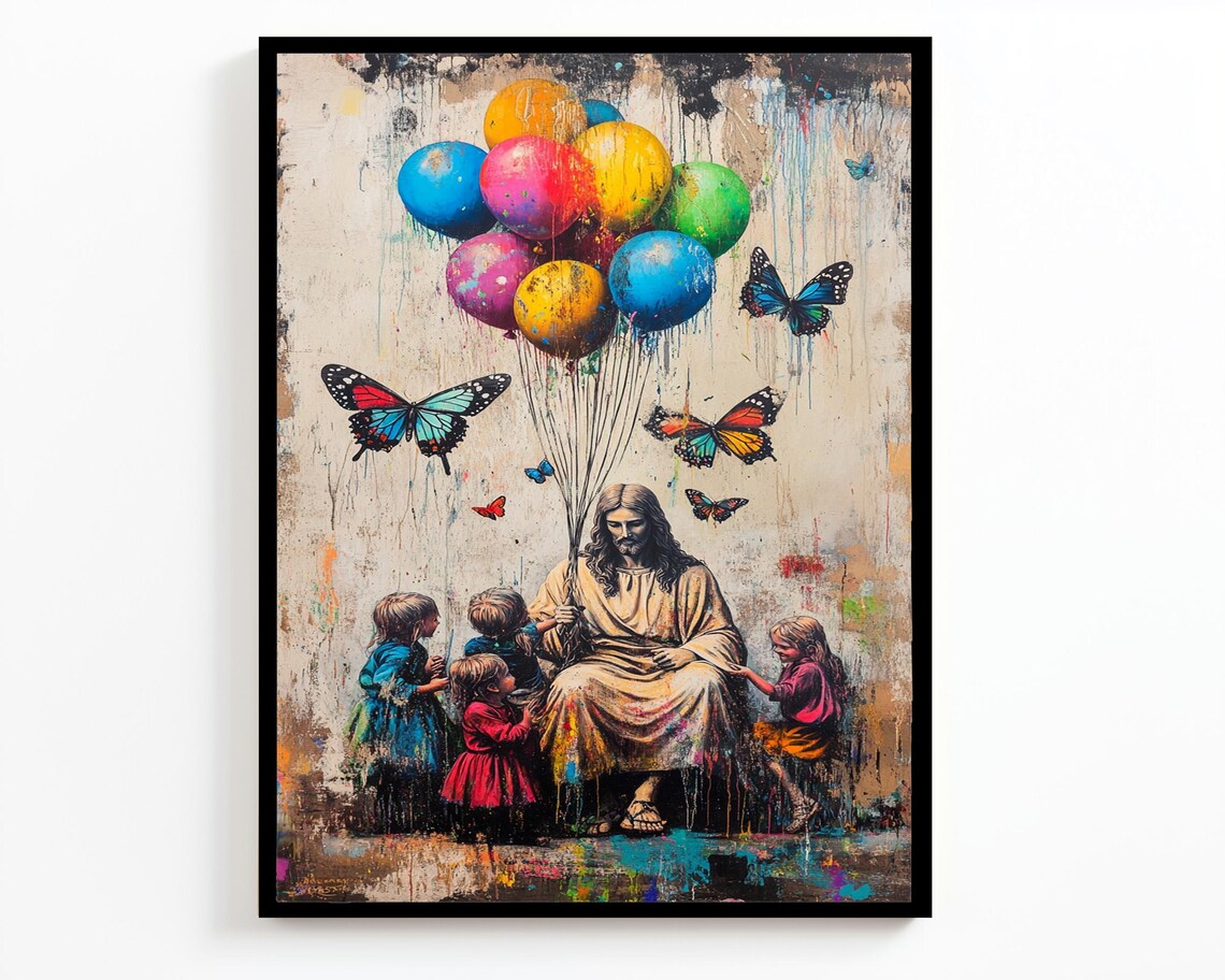 Jesus Seated With Children Balloon Cluster Butterflies Splatter Art Poster - Image 2