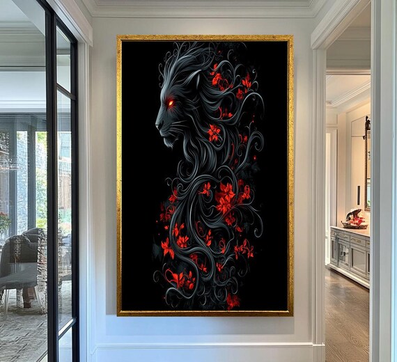Black Lion Red Flowers Dark Fantasy Animal Oil Painting Gothic Wall Art