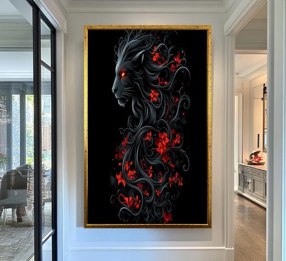Mystical Lion Wall Art Dark Fantasy Print Red Floral Nature Wall Decor Gothic Animal Art Home Decoration