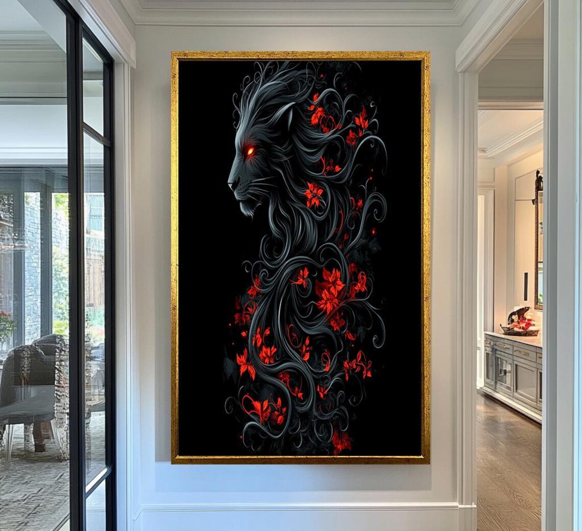Black Lion Red Flowers Dark Fantasy Animal Oil Painting Gothic Wall Art
