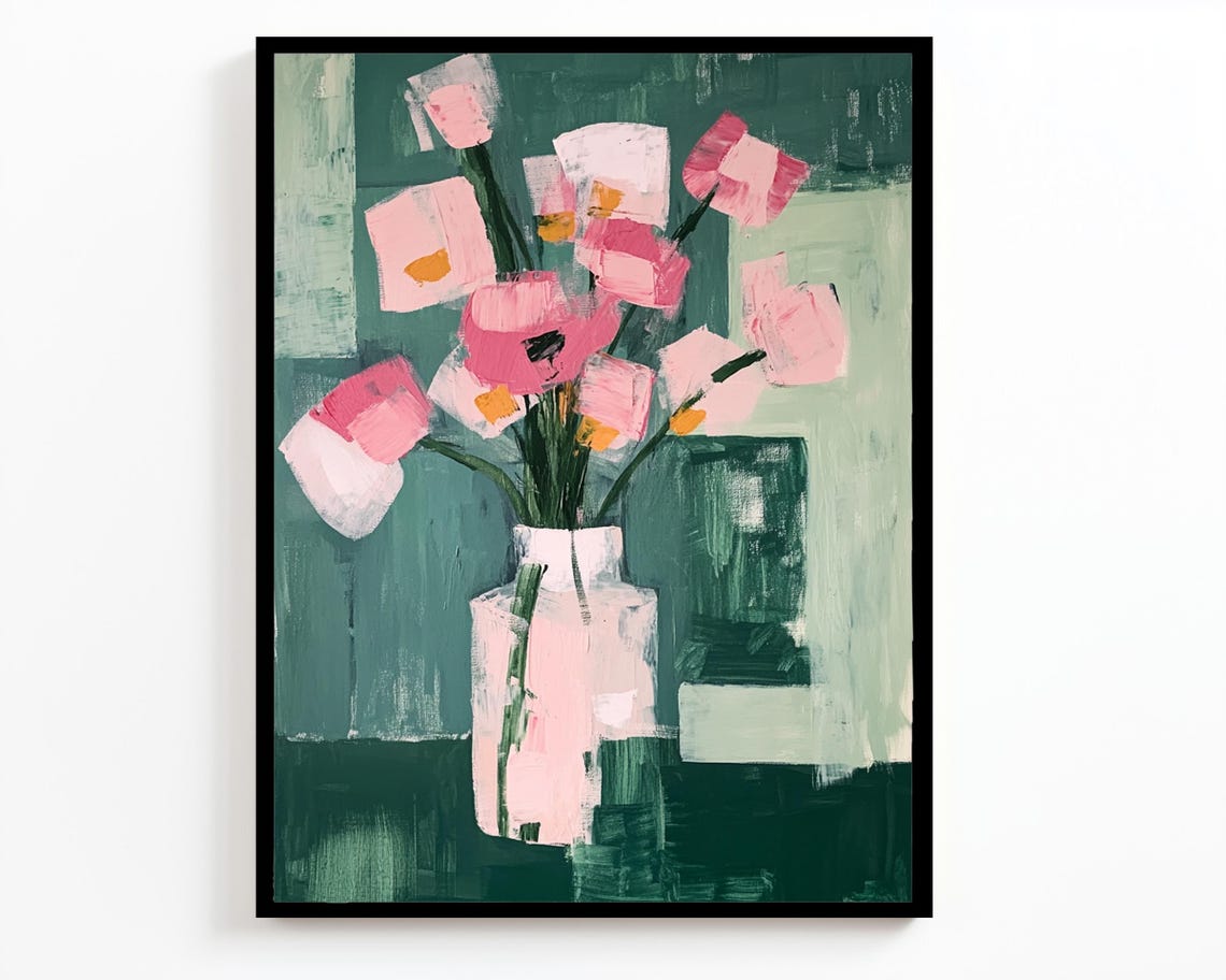 Pink Abstract Flowers Vase Green Background Brushy Floral Art Poster - Image 2