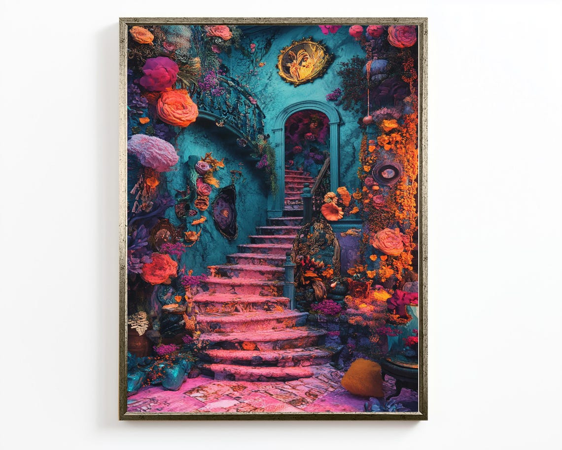 Maximalist Surreal Floral Staircase Pink Turquoise Fantasy Wall Art - Image 2