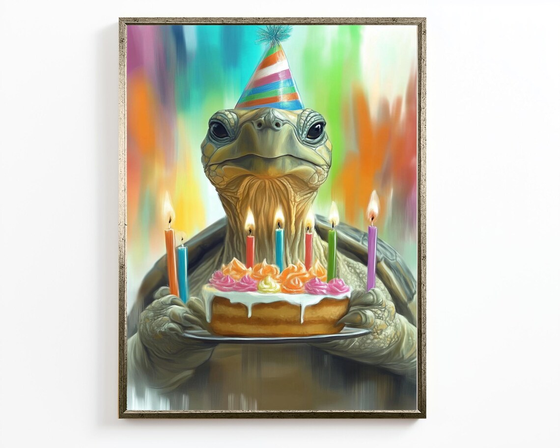 Birthday Turtle Wall Art Fun And Whimsical Animal Illustration For Colorful Home Decor Quirky Turtle Artwork Gift - Image 2