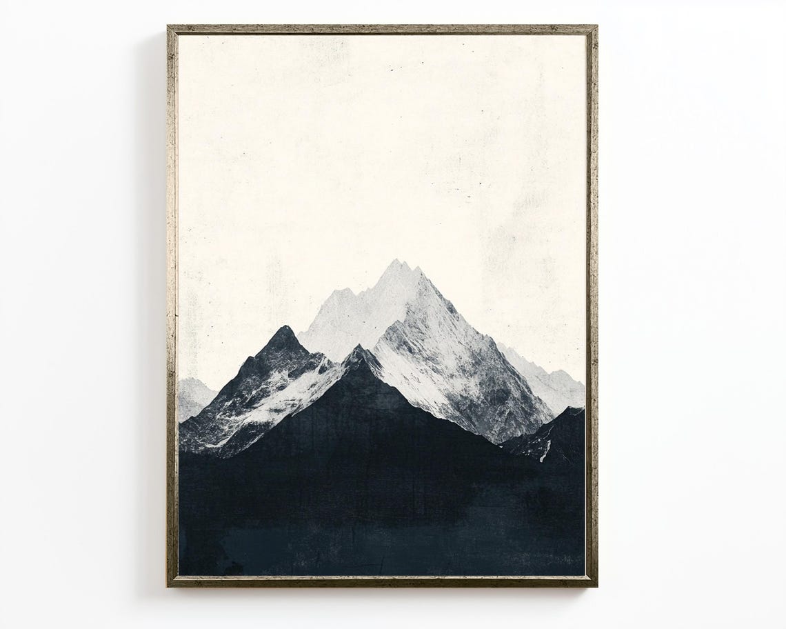 Minimalist Black White Mountain Peaks Silhouette Modern Wall Art - Image 2
