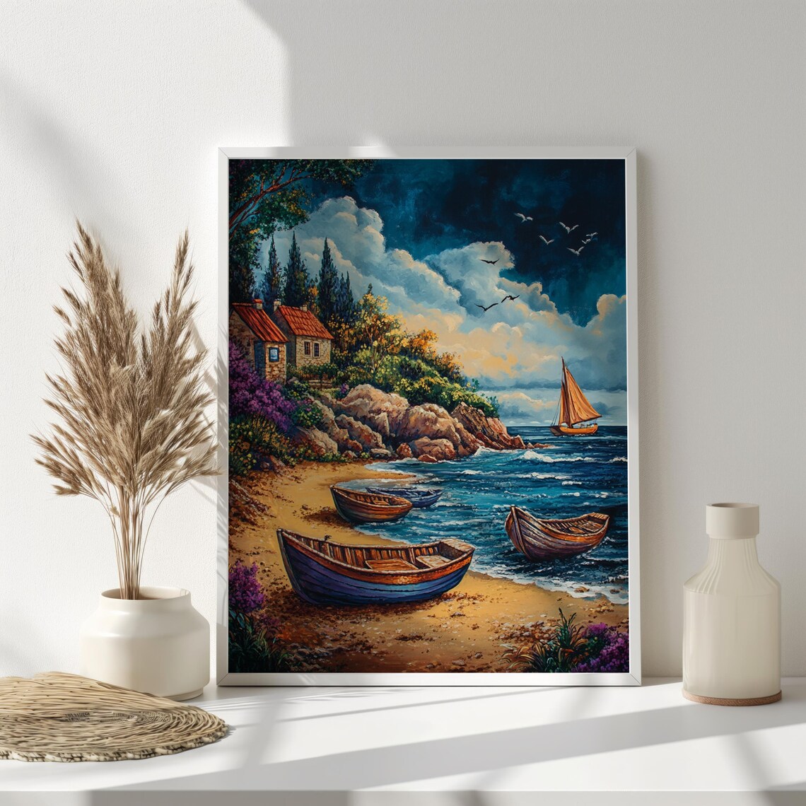 Seaside Village Fishing Boats Coastal Oil Painting Sailboat Ocean Wall Art - Image 3