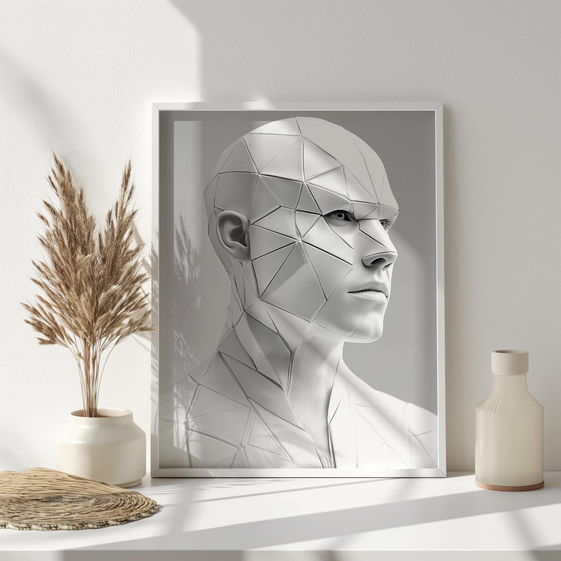 Geometric Polygon White Face Sculpture Minimalist Modern Print Art