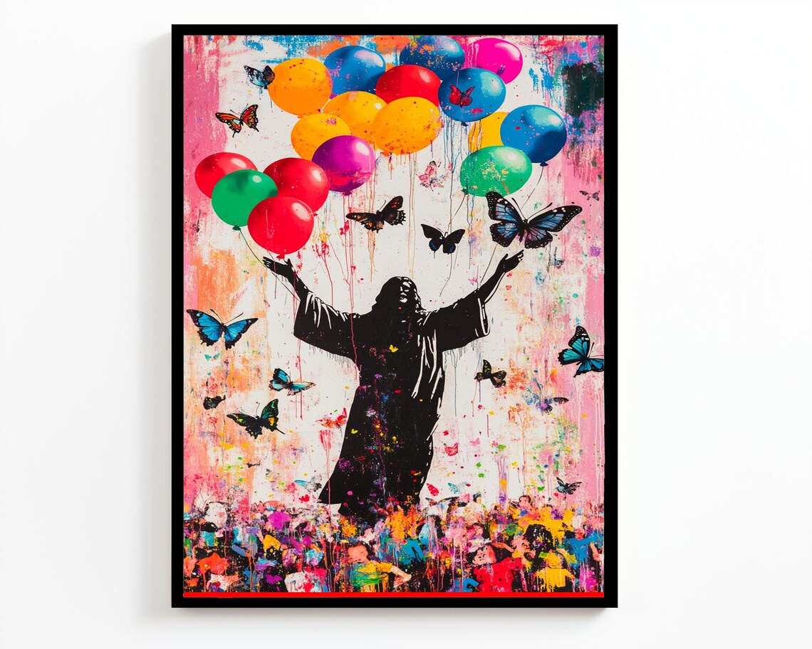Jesus Arms Raised Balloon Celebration Butterfly Crowd Graffiti Art Poster - Image 2