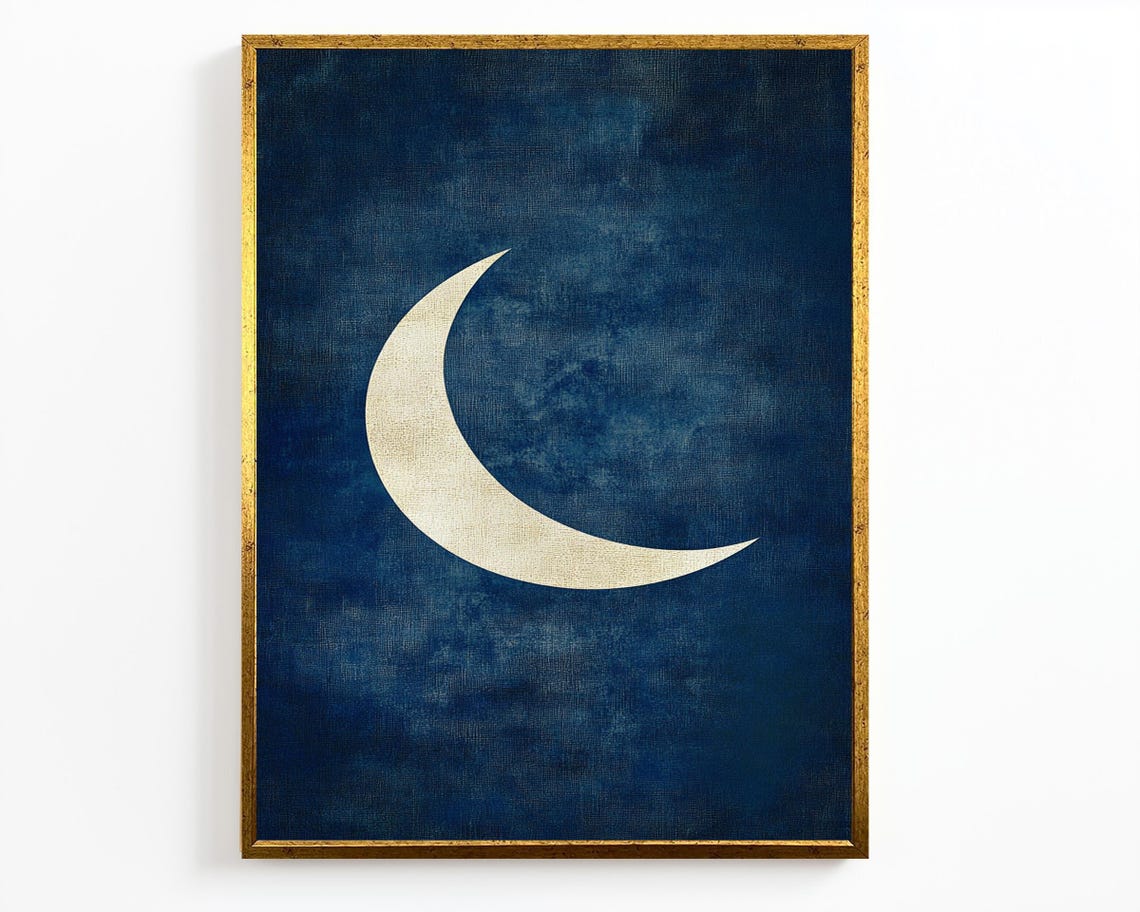Minimalist Gold Crescent Moon Over Navy Blue Night Sky Wall Art - Image 2