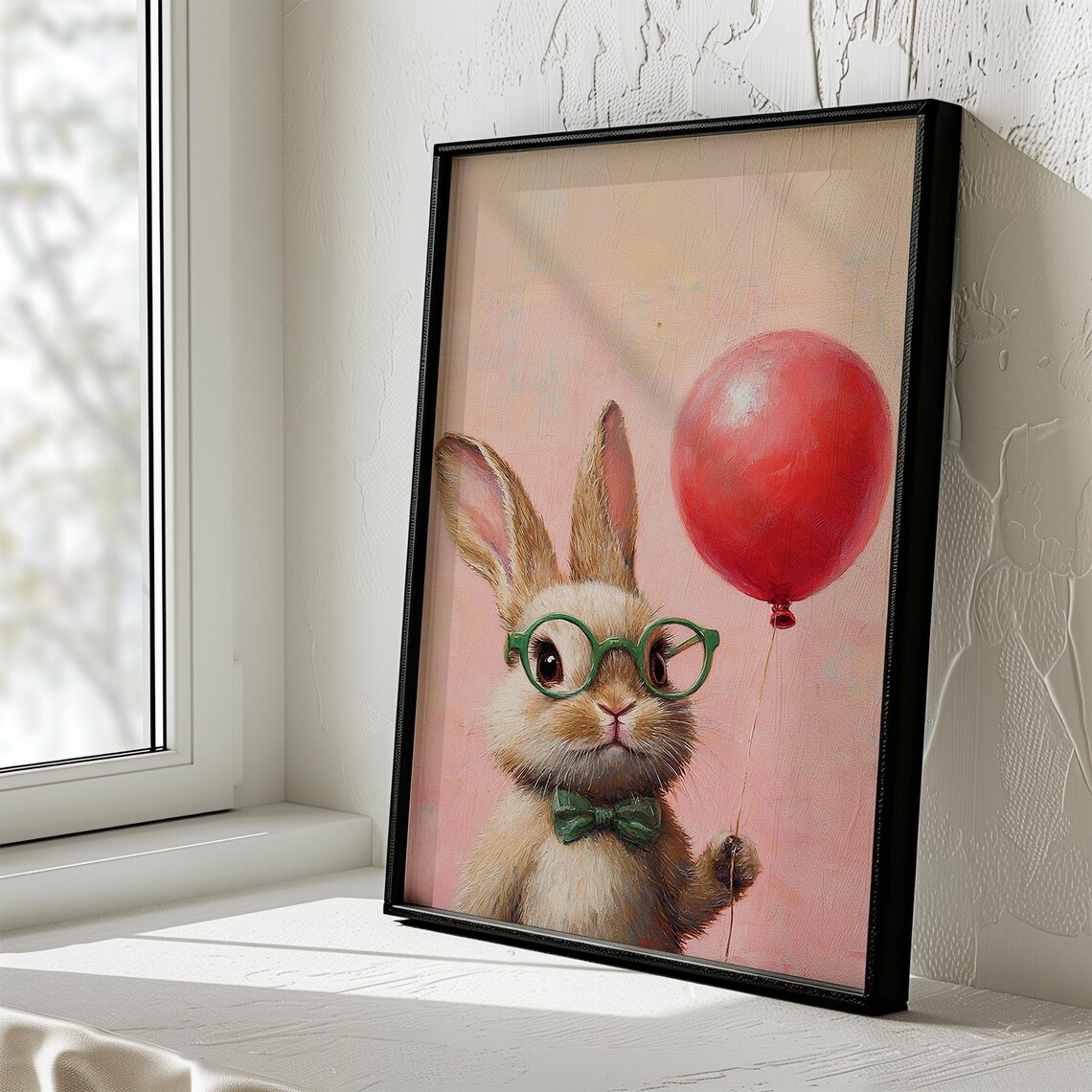 Cute Bunny With Red Balloon Green Glasses Bow Tie Nursery Art Poster - Image 2