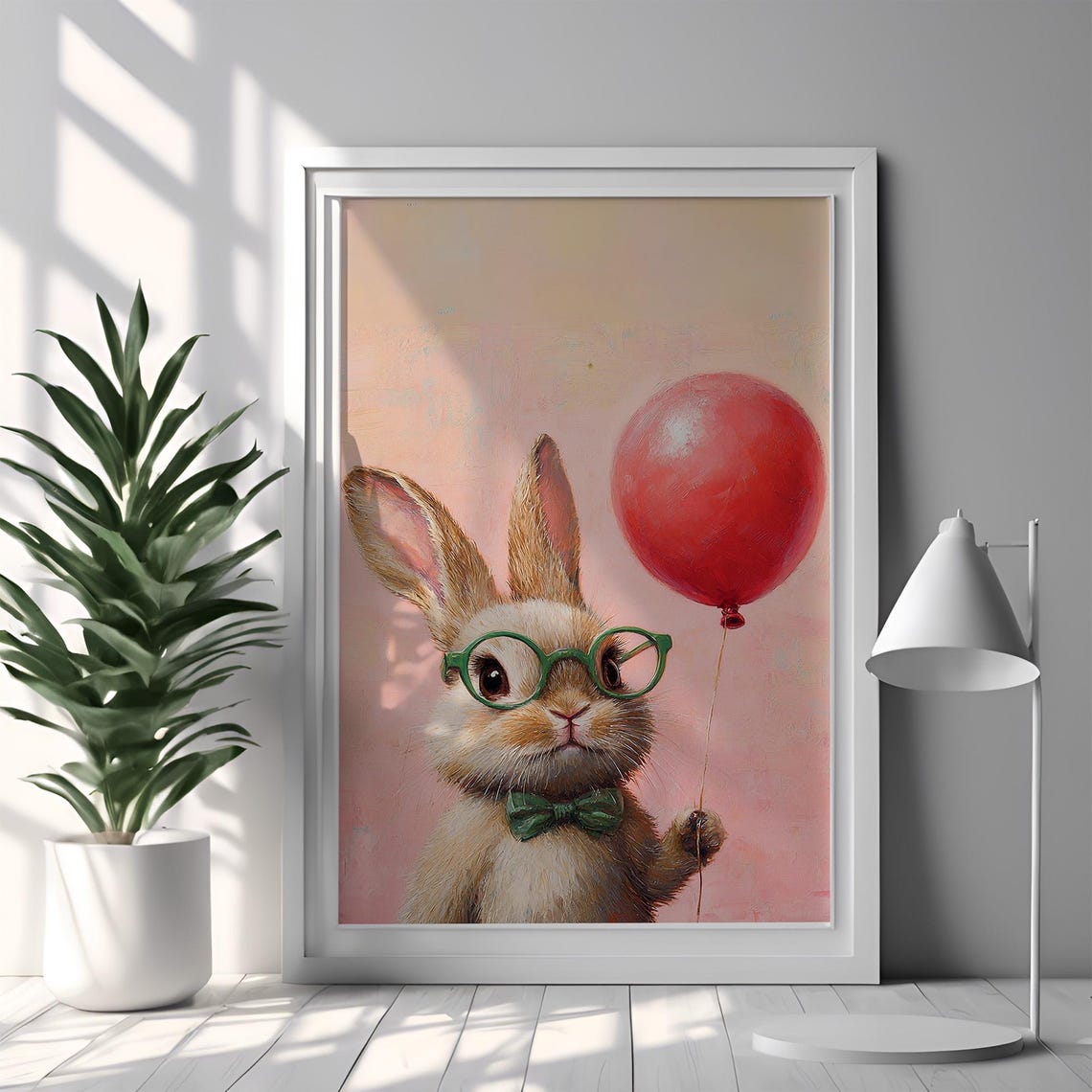 Cute Bunny With Red Balloon Green Glasses Bow Tie Nursery Art Poster - Image 4