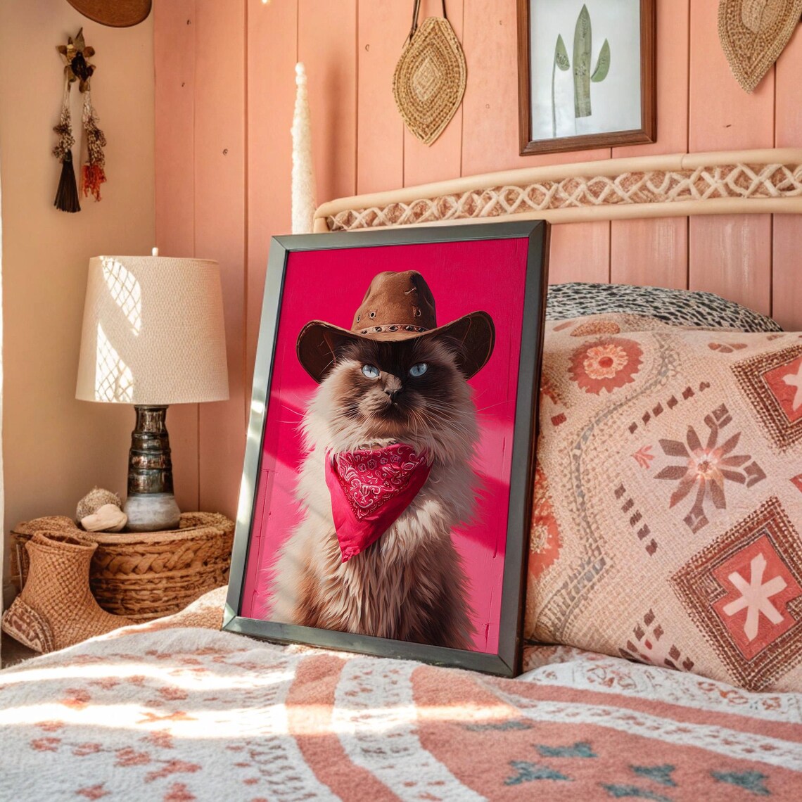 Cowboy Cat In Hat And Red Bandana On Pink Background Cat Poster