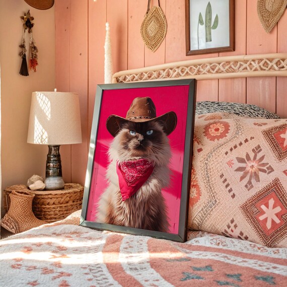 Cowboy Cat In Hat And Red Bandana On Pink Background Cat Poster