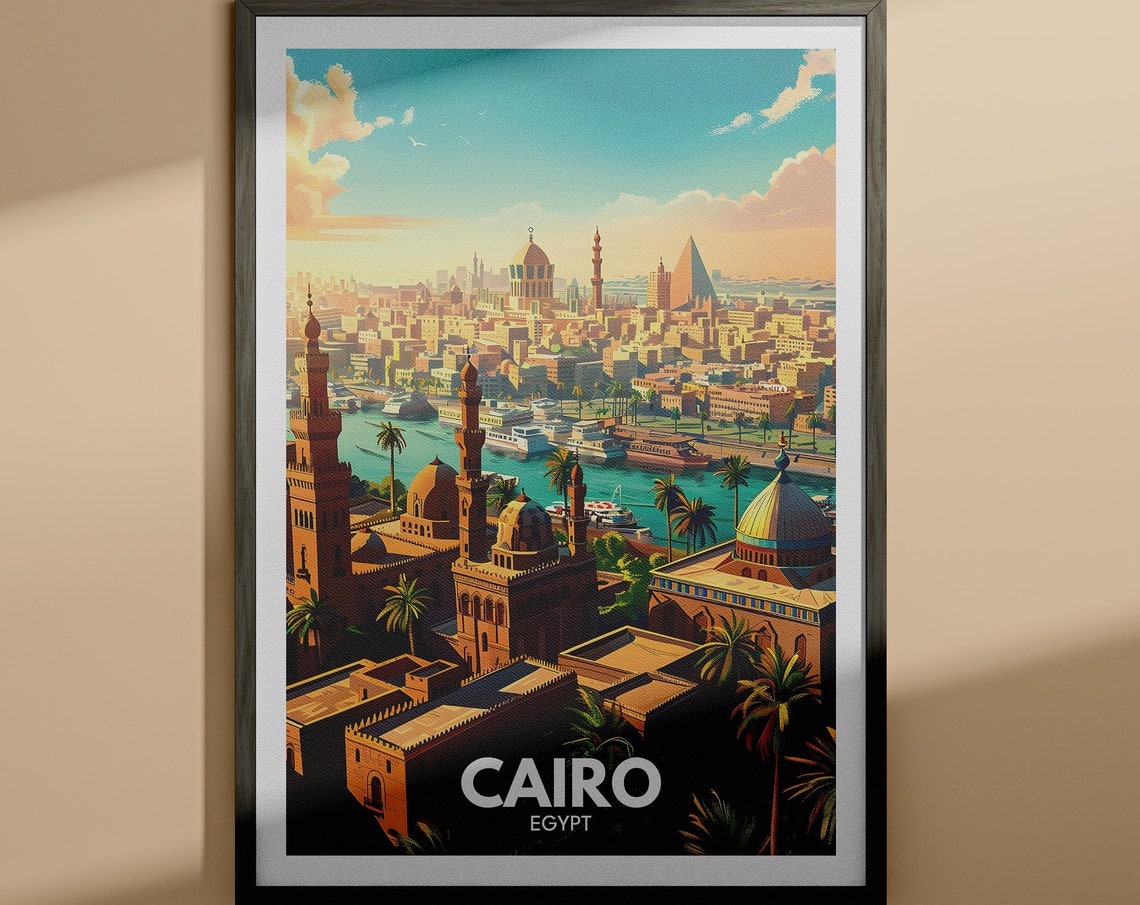 Cairo Egypt Nile Mosques Pyramids Skyline Retro Travel Poster