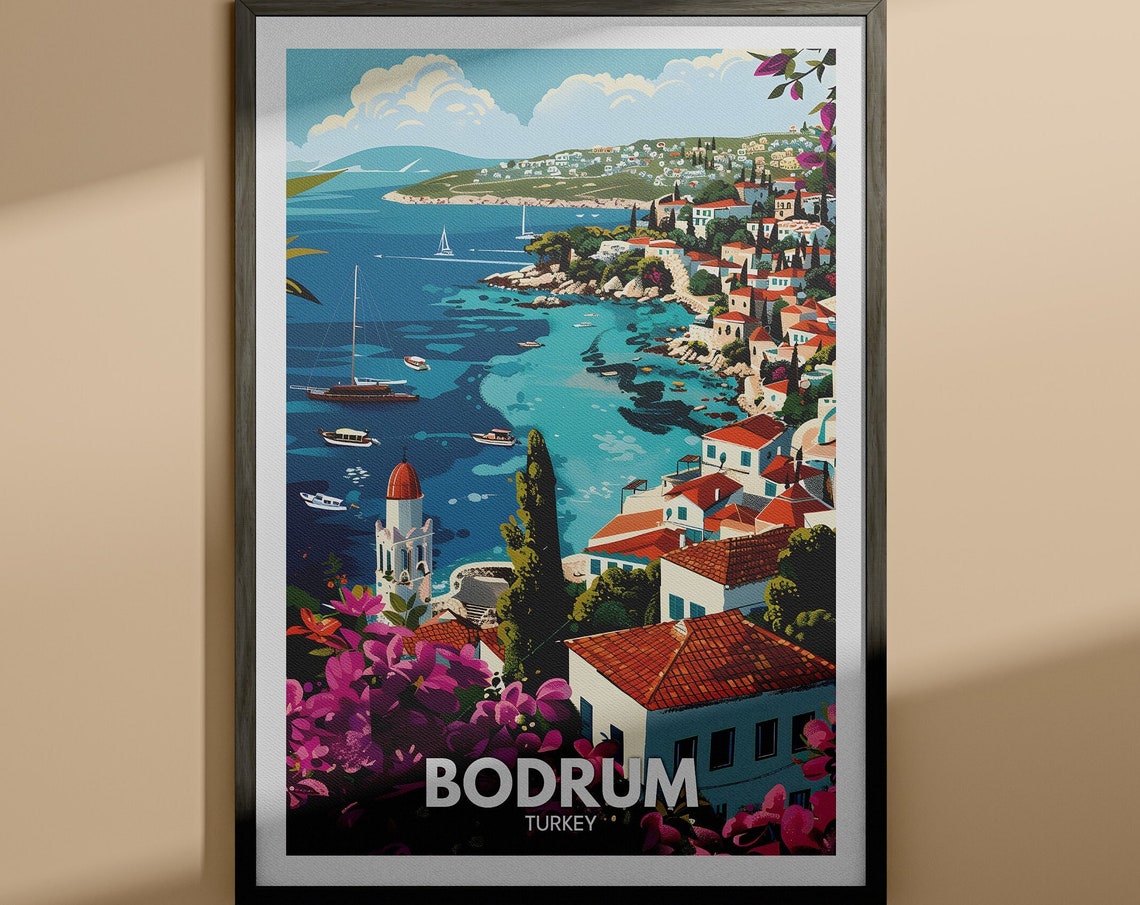 Bodrum Turkey Coastal Town Harbor Bougainvillea Scene Poster