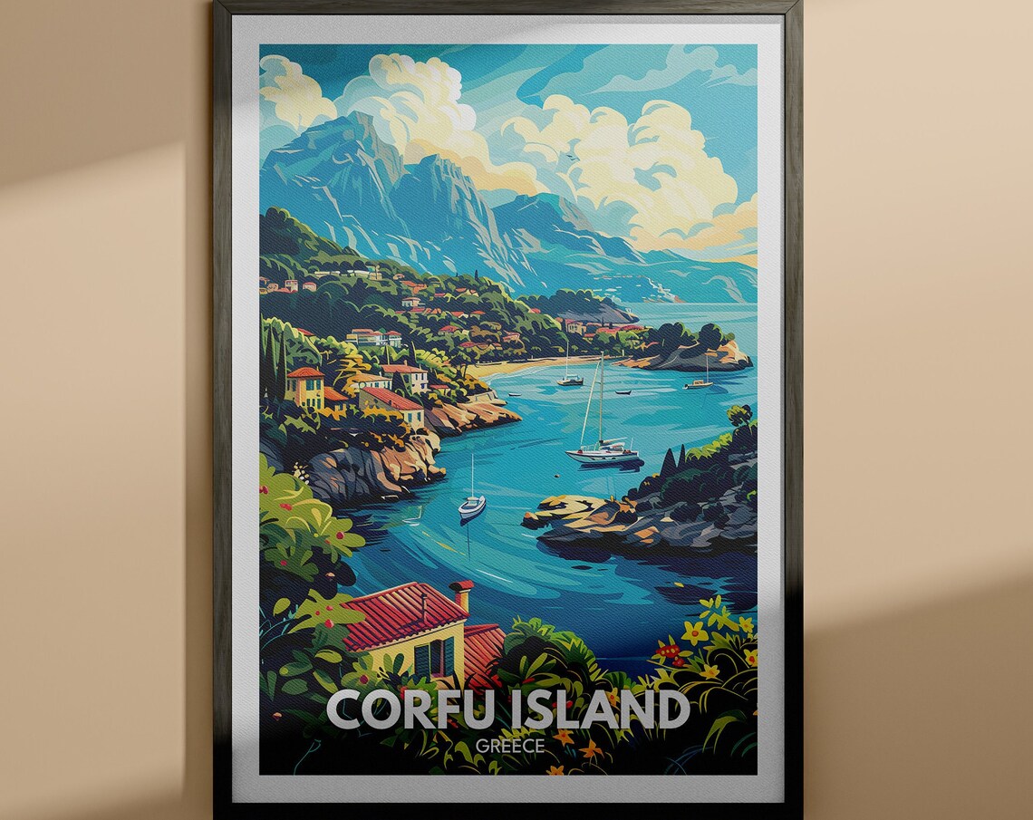 Corfu Island Greece Turquoise Bay Old Town Vintage Travel Poster