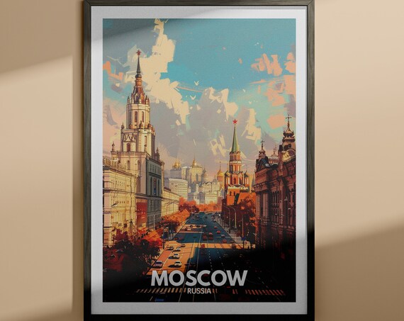 Moscow Russia Red Square Grand Towers Street Sunset Travel Poster