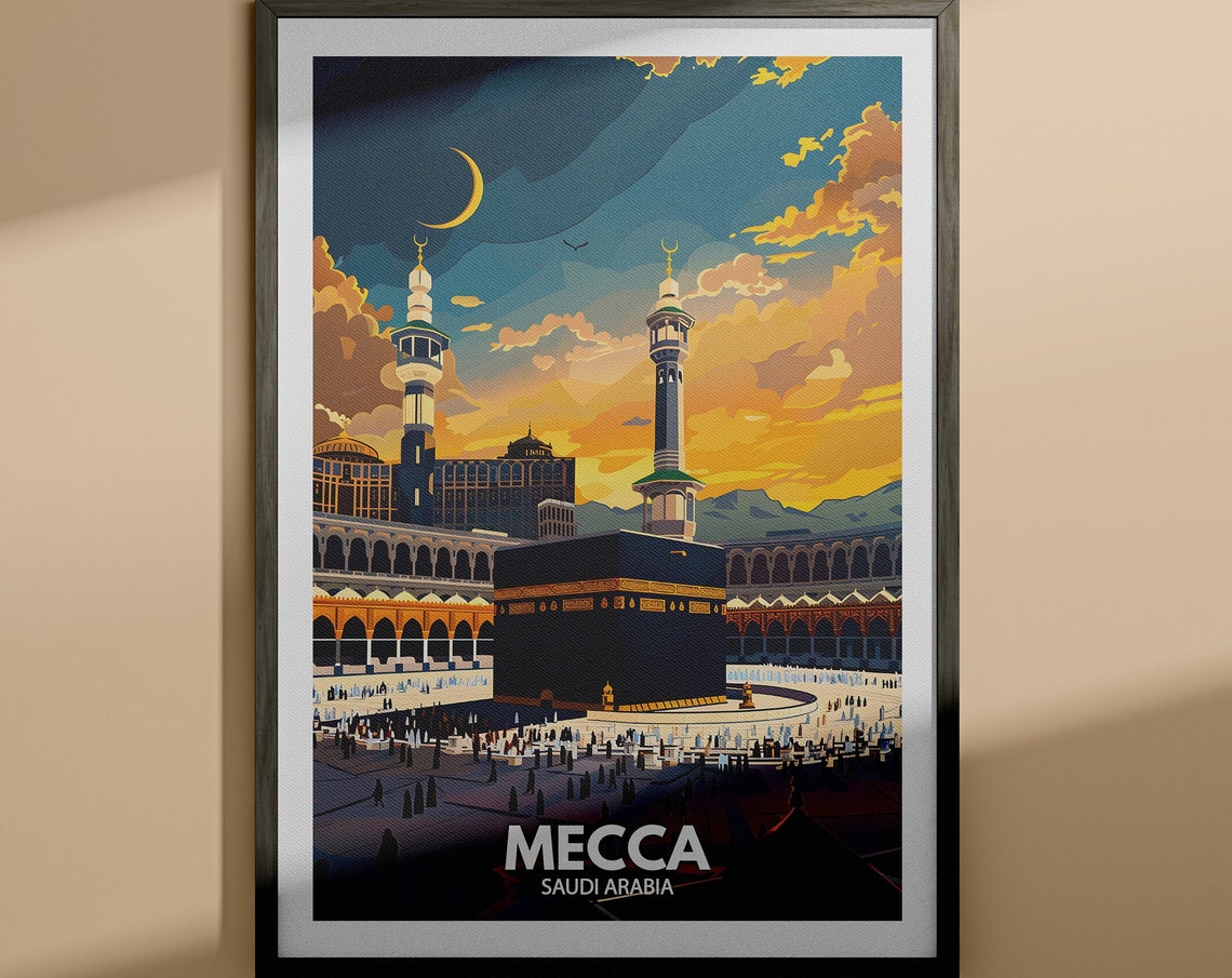 Mecca Saudi Arabia Kaaba Minarets Crescent Sunset Travel Poster