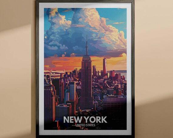 New York City Sunset Skyline Empire State Building Travel Poster