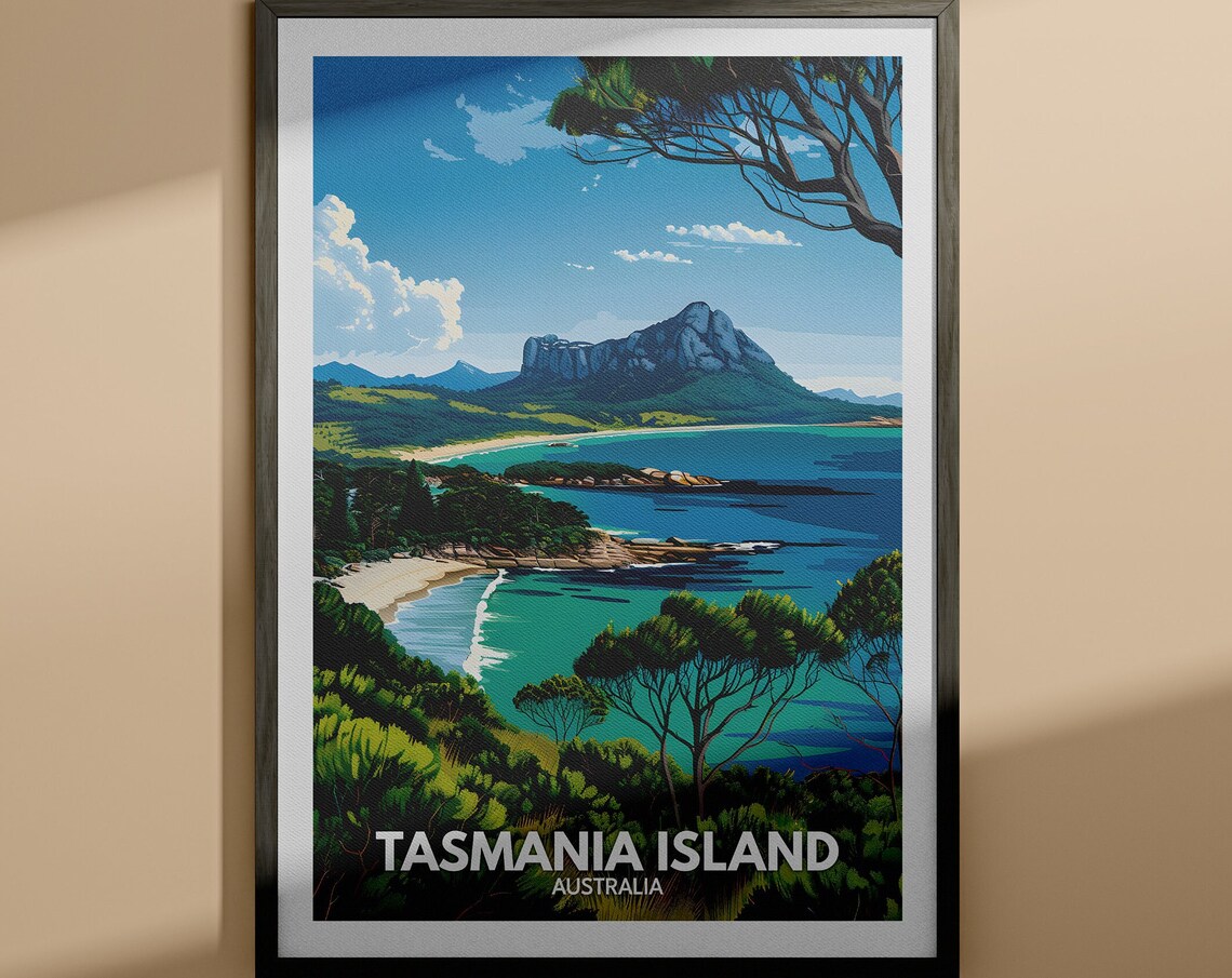 Tasmania Island Australia Turquoise Bay Mountain Coast Travel Poster