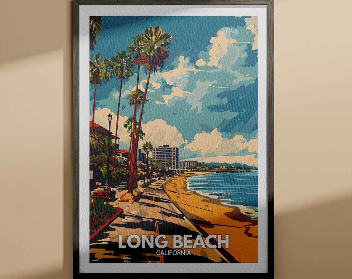 Long Beach California Palm Beach Street Vintage Travel Poster