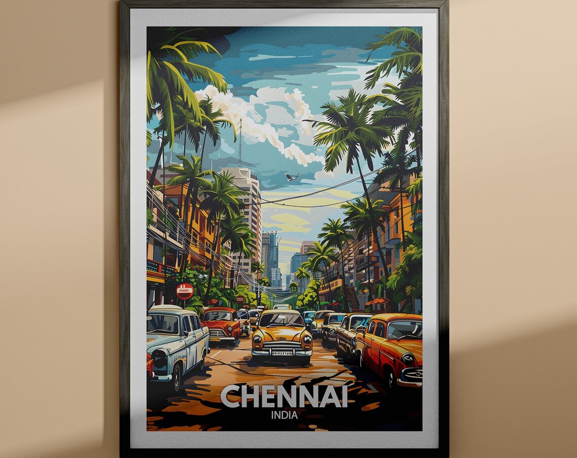 Chennai India Street Classic Taxis Palm Trees Vintage Travel Poster