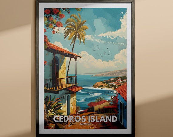 Cedros Island Mexico Seaside Village Terracotta Roofs Palm Coast Travel Poster