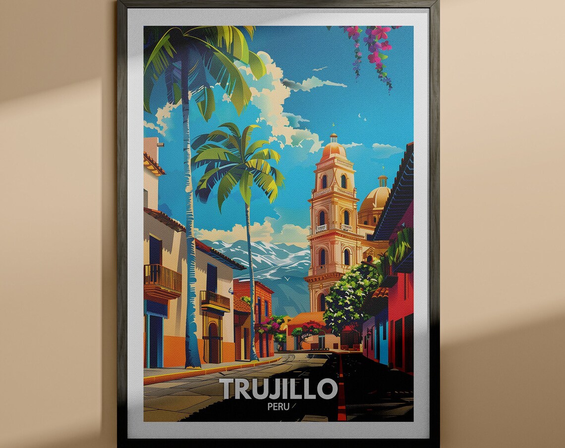 Trujillo Peru Church Tower Palm Lined Street Vintage Travel Poster
