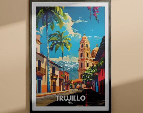 Trujillo Peru Church Tower Palm Lined Street Vintage Travel Poster