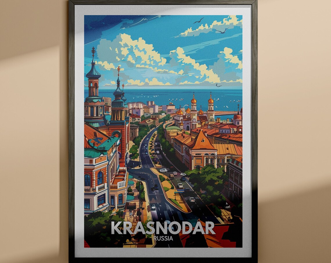 Krasnodar Russia Coastal City Avenue Golden Domes Scene Poster