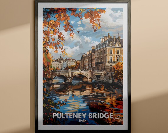Pulteney Bridge Bath England Autumn Riverfront Vintage Travel Poster