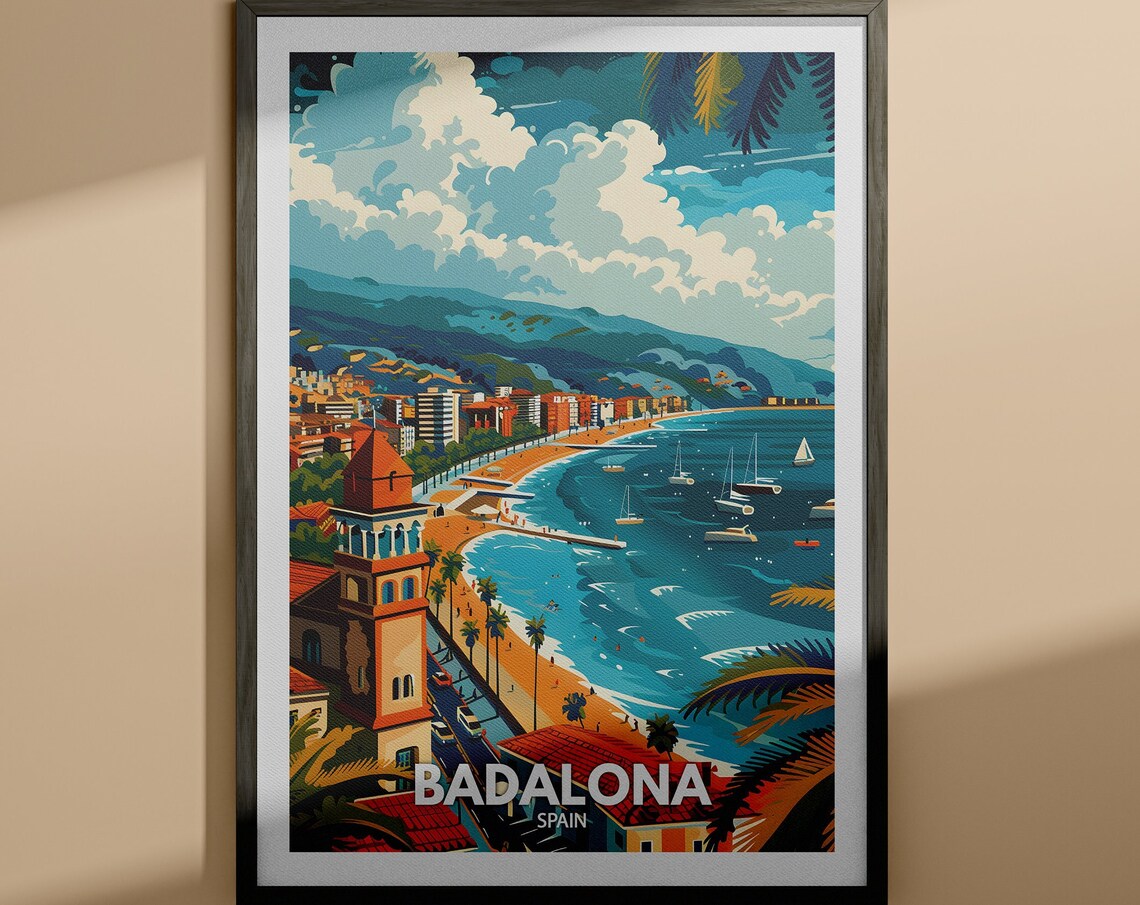 Badalona Spain Beach City Panorama Sailboats Vintage Travel Poster